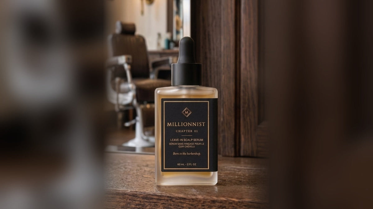 MILLIONNIST CHAPTER 01 leave-in scalp serum in a barbershop